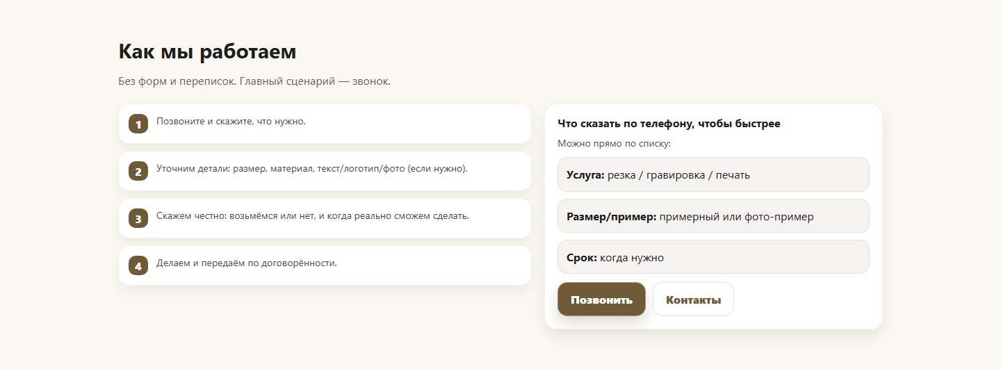 Сохранённый экран мастерской Медвежий угол: как проходит работа и запрос на подбор решения