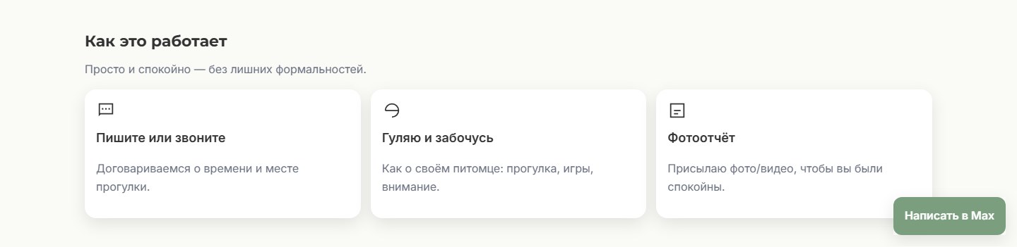 Реальная секция DogTime: договорённость о прогулке, забота и фотоотчёт