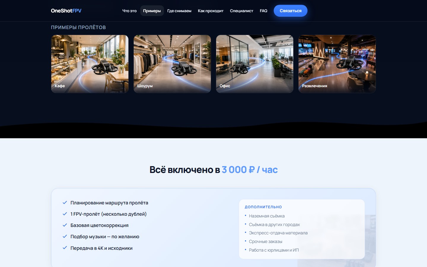 Сохранённый интерфейс OneShot FPV с блоком примеров и составом услуги